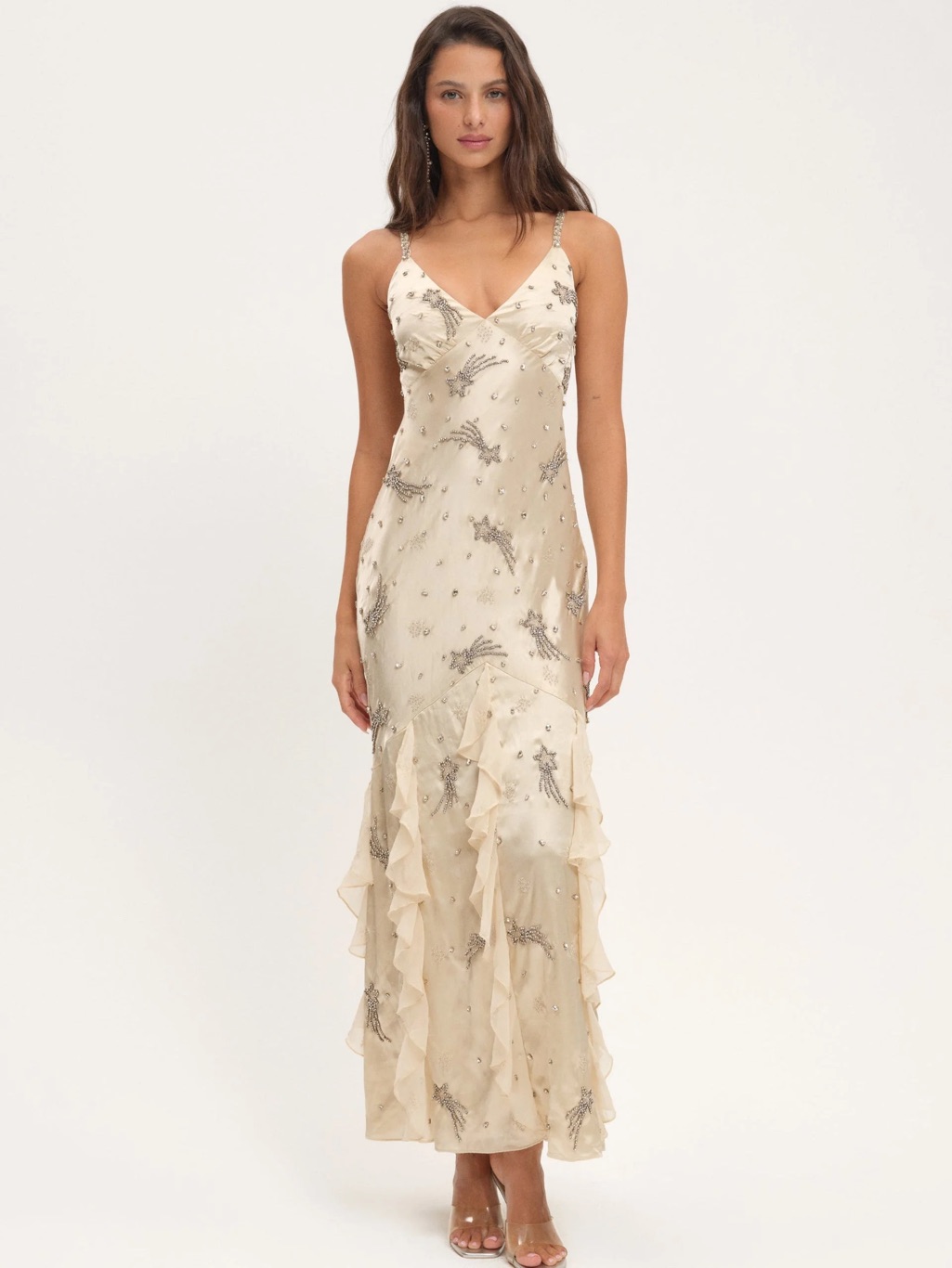 $798 Nwt For Love And Lemons “Elea” Beaded Slip Maxi Dress In Cream Sz Large
